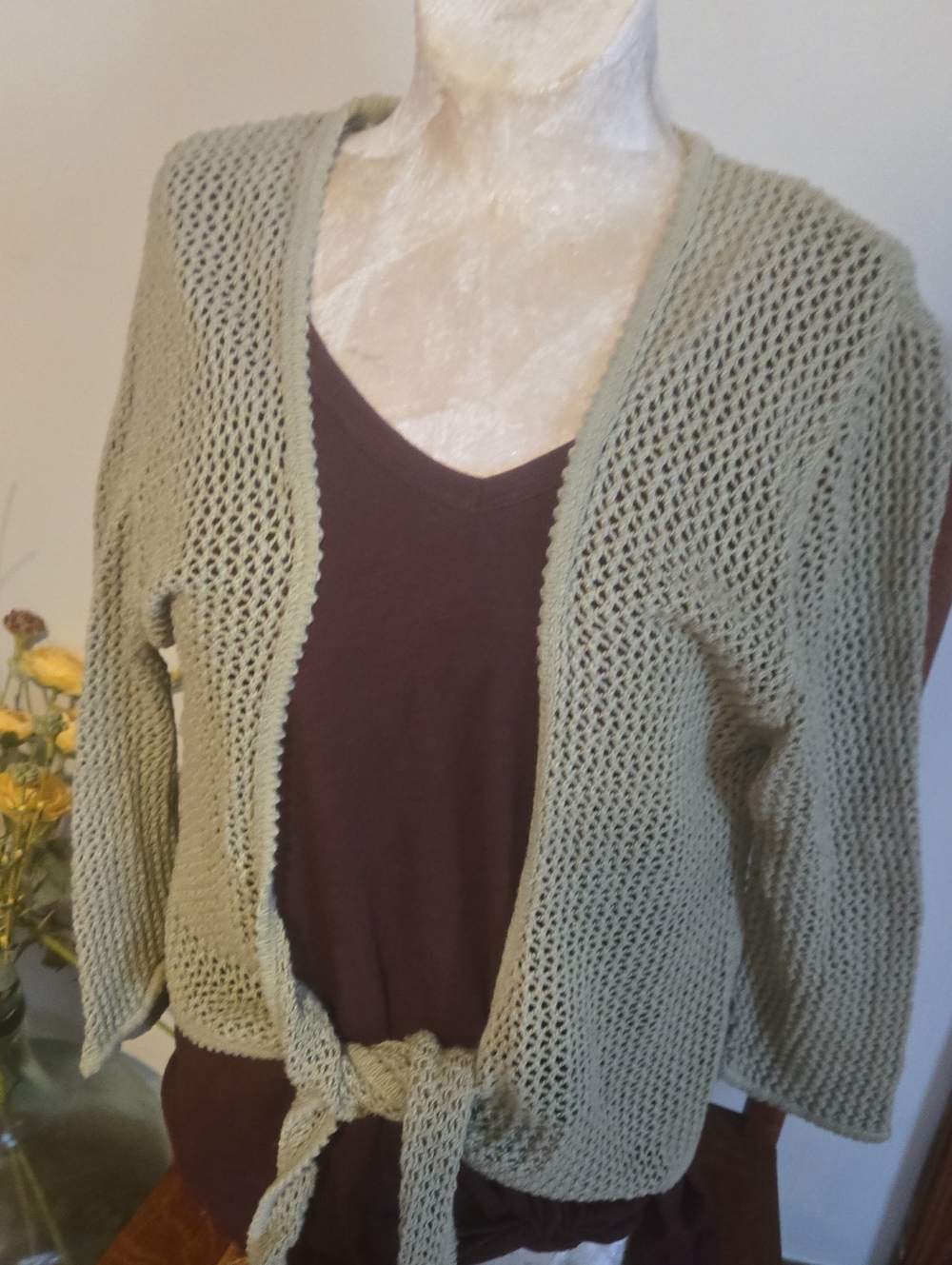 Olive Green Open-Knit Tie-Front Women's Sweater Size Medium